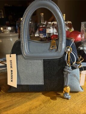 Steve Madden Patchwork Denim Satchel in Light Blue and Dark Blue